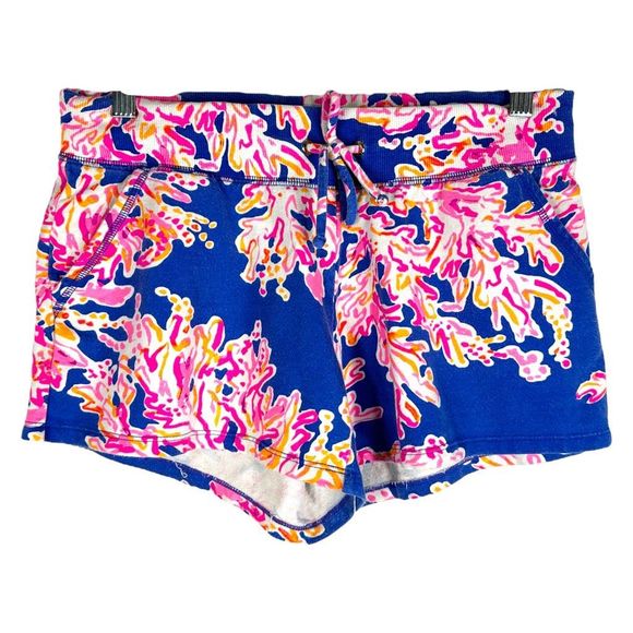 Lilly Pulitzer Small Shorts Yasmin Coral Print Blue Pink Pull On Pockets 1474 - Picture 1 of 9